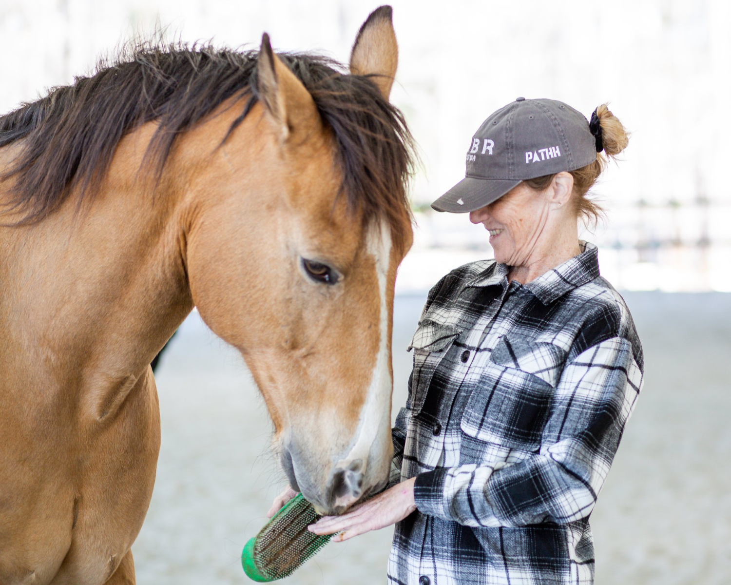 Female wearing a hat and flannel brushing a light brown horse