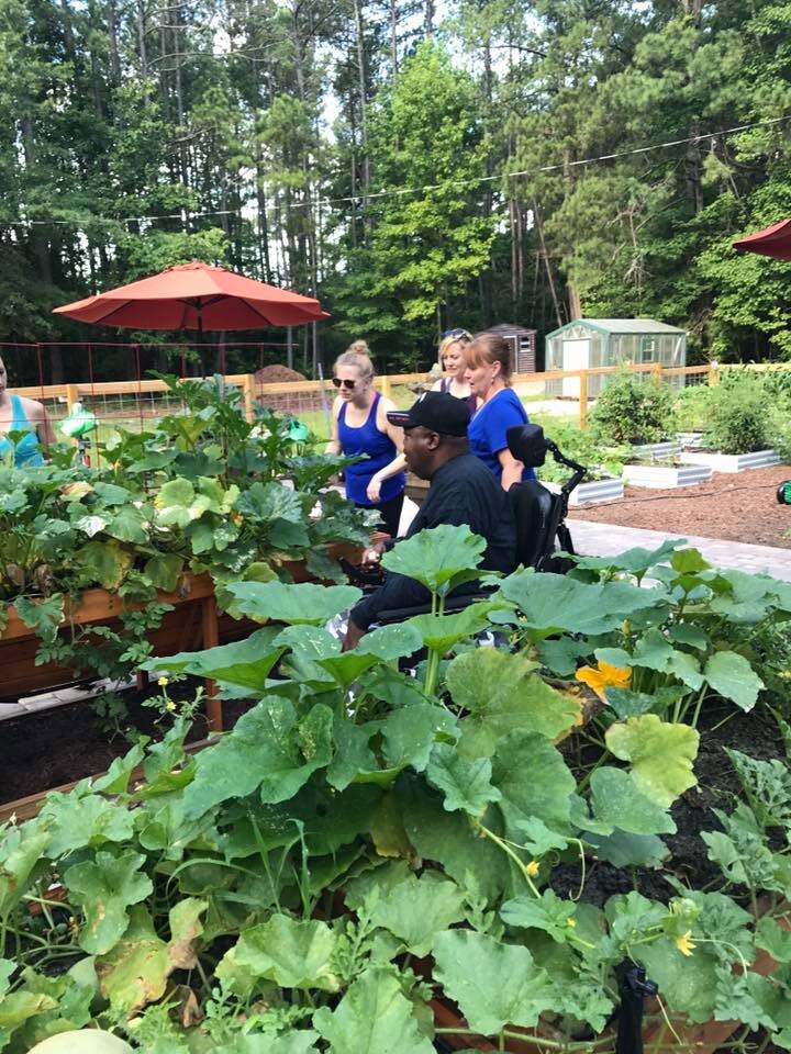 veteran and three guests looking at a garden bed