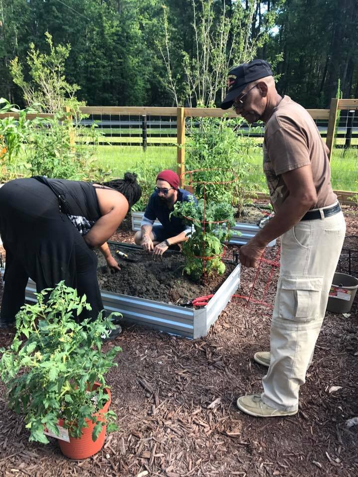 Two male veterans and one female veteran planting starter plants into a garden bed