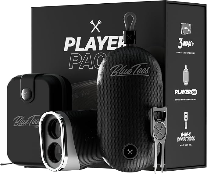 Blue Tees Golf Player Pack GO Bundle - Series 3 Max+ Rangefinder with Premium Case, The Player GO GPS Equipped Magnetic Speaker & Premium 6-in-1 Utility Divot Tool - The Complete Golf Bundle