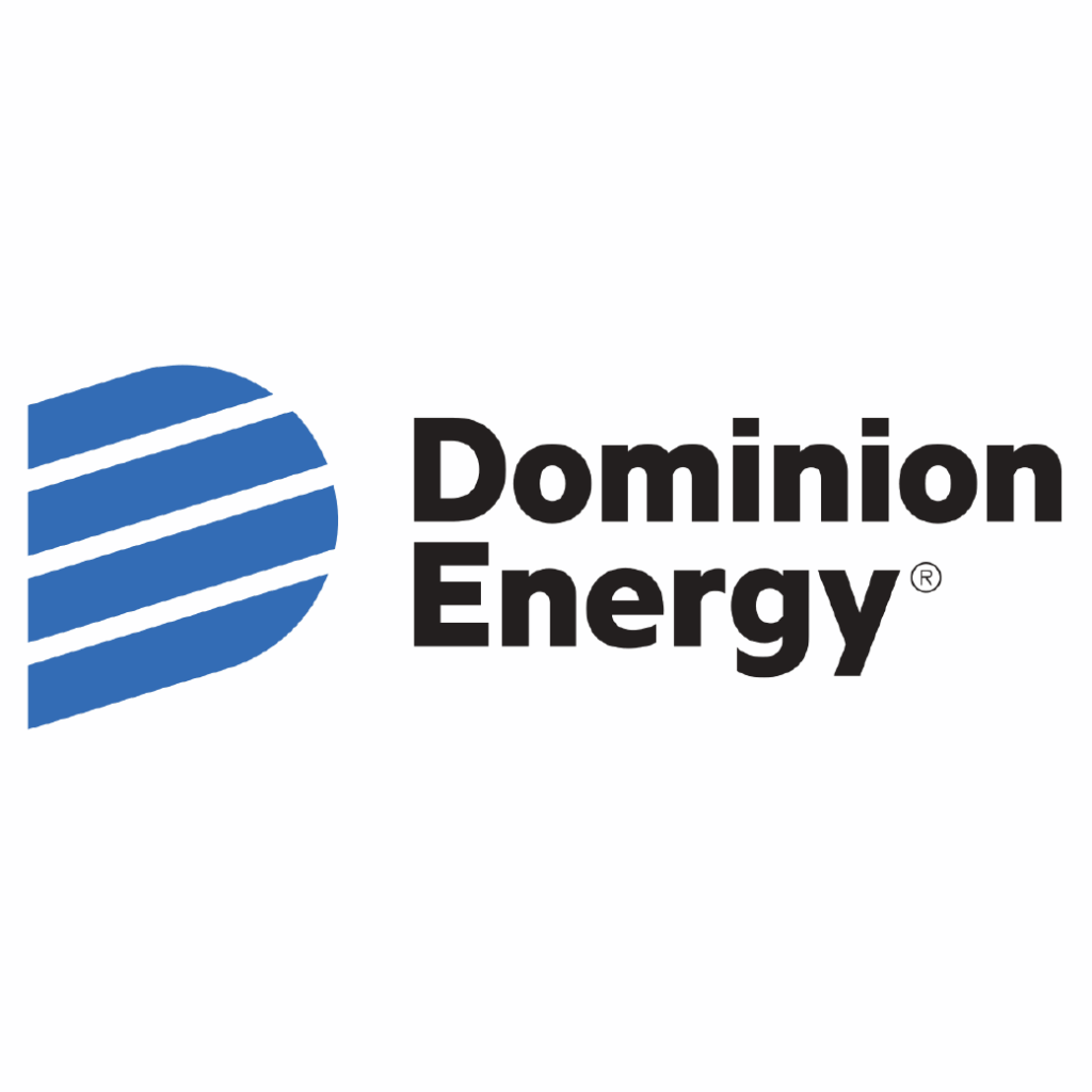 Dominion Energy logo with blue striped “D” shape and black text reading “Dominion Energy.”.