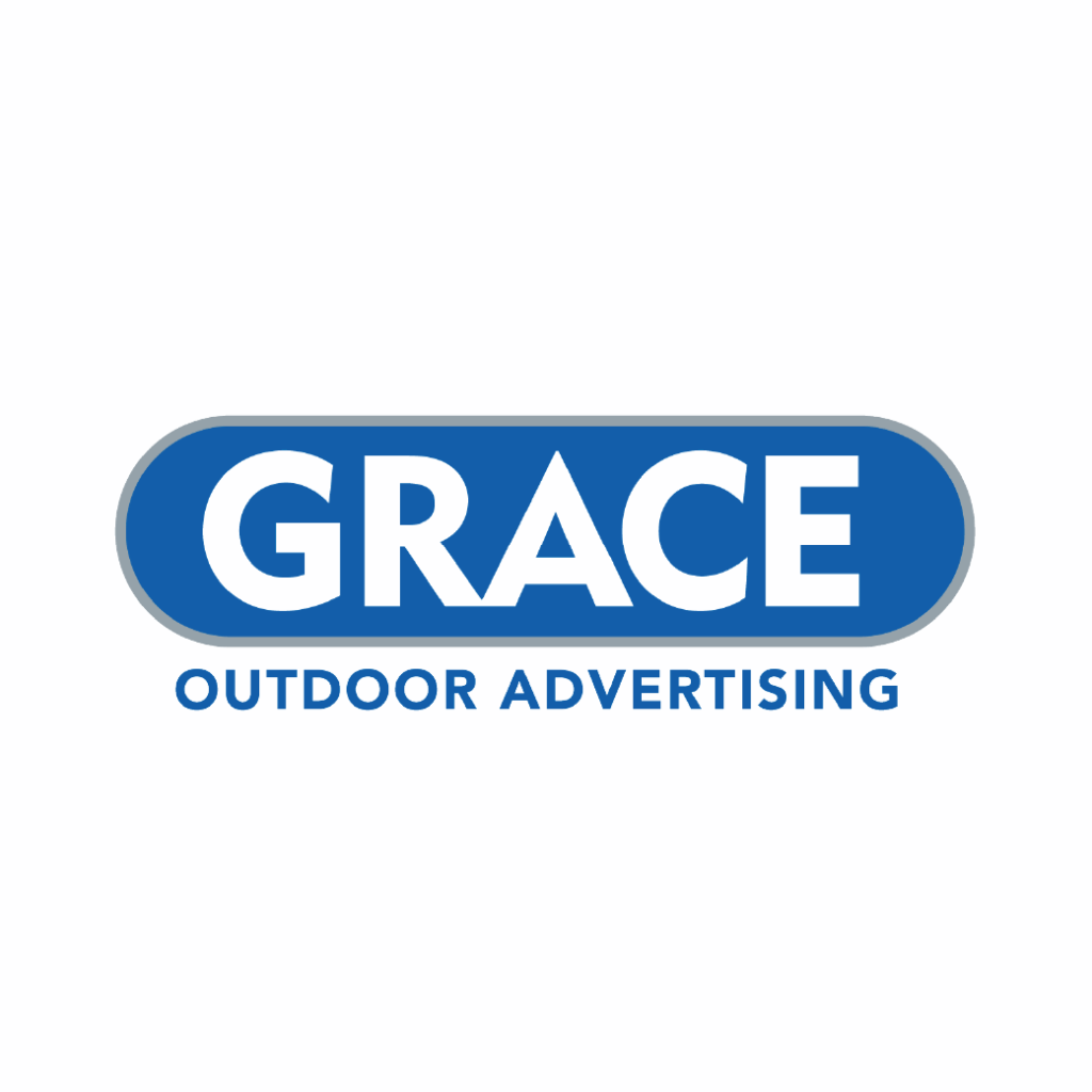 A blue oval logo with GRACE in white and OUTDOOR ADVERTISING in blue below it on a white background.