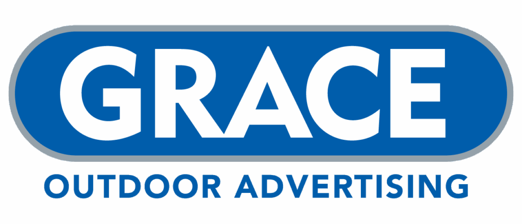 Logo with GRACE in bold white letters on a blue oval, and OUTDOOR ADVERTISING below in blue text.