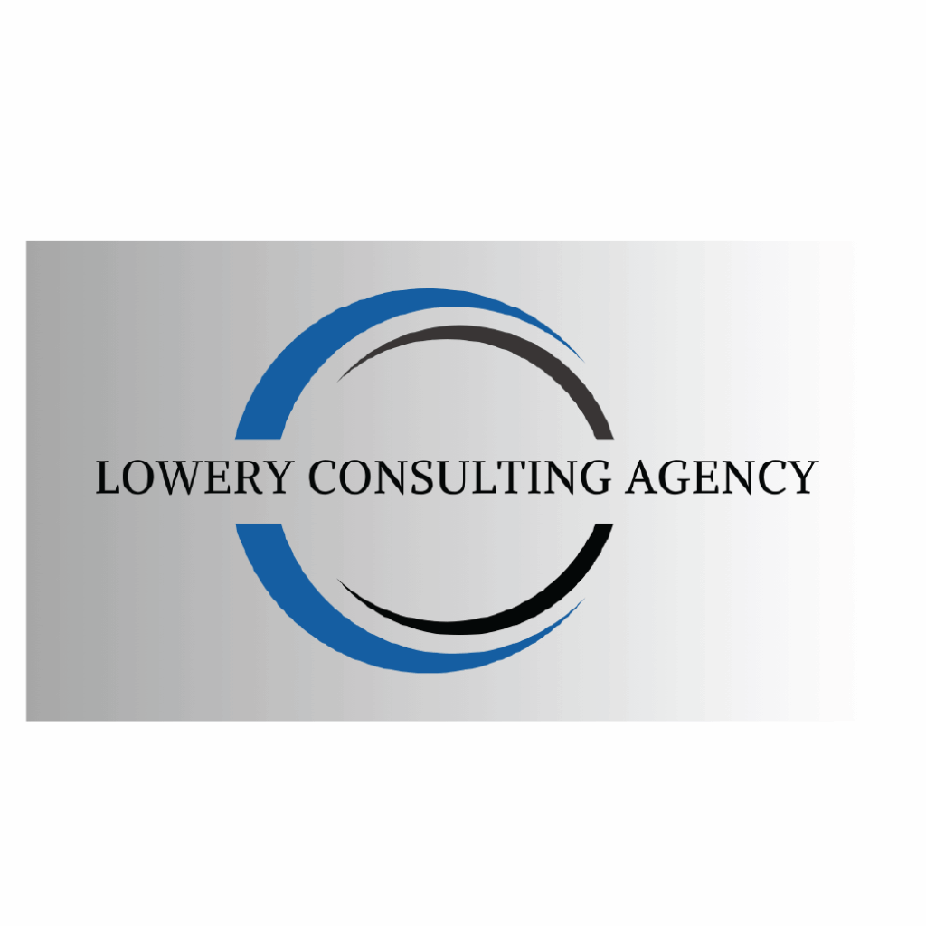 Lowery Consulting Agency logo with blue and black curved lines forming a circle on a gradient background.