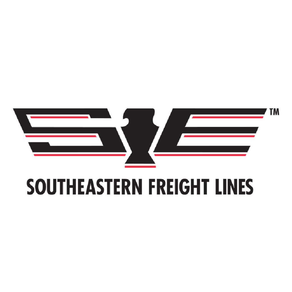 Southeastern Freight Lines logo with stylized wings and bold black and red lettering.