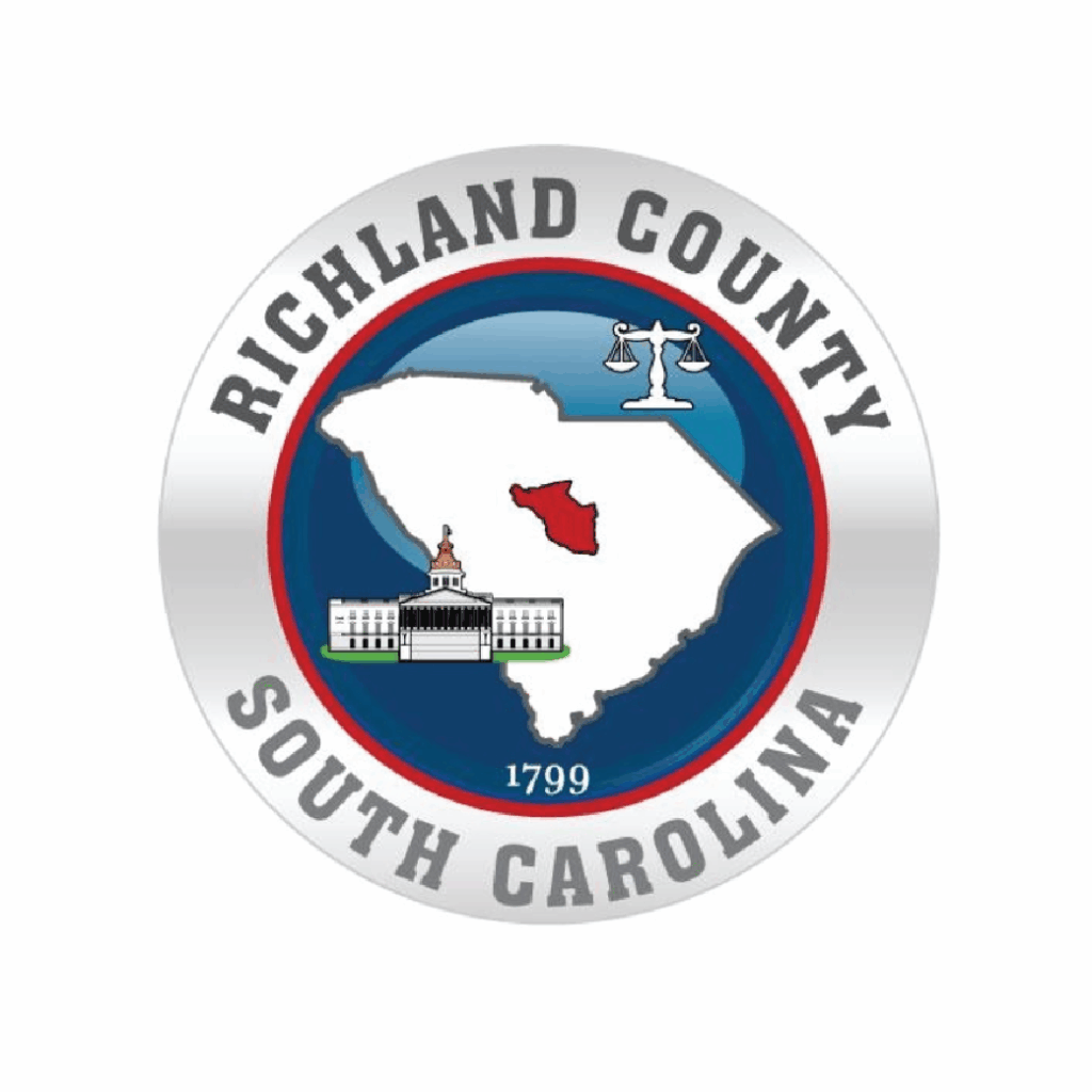 Richland County, South Carolina seal with state outline, courthouse, scales of justice, and 1799 year.