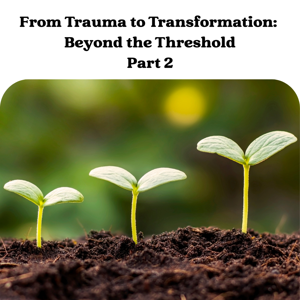 Three small green seedlings sprouting from soil, with text about trauma and transformation above them.