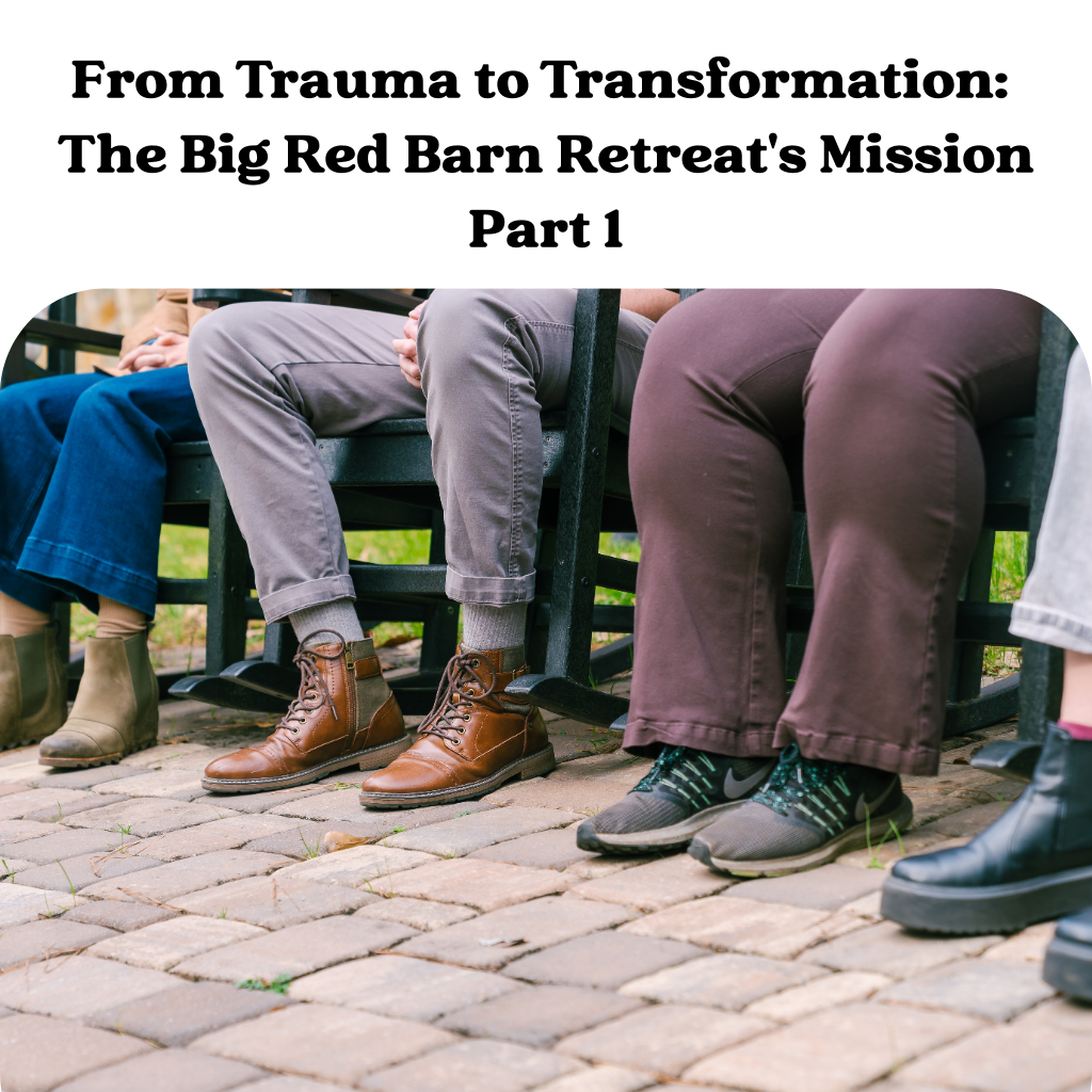 Four people sit on chairs outside, their legs and shoes visible, with text about a retreats transformation mission.