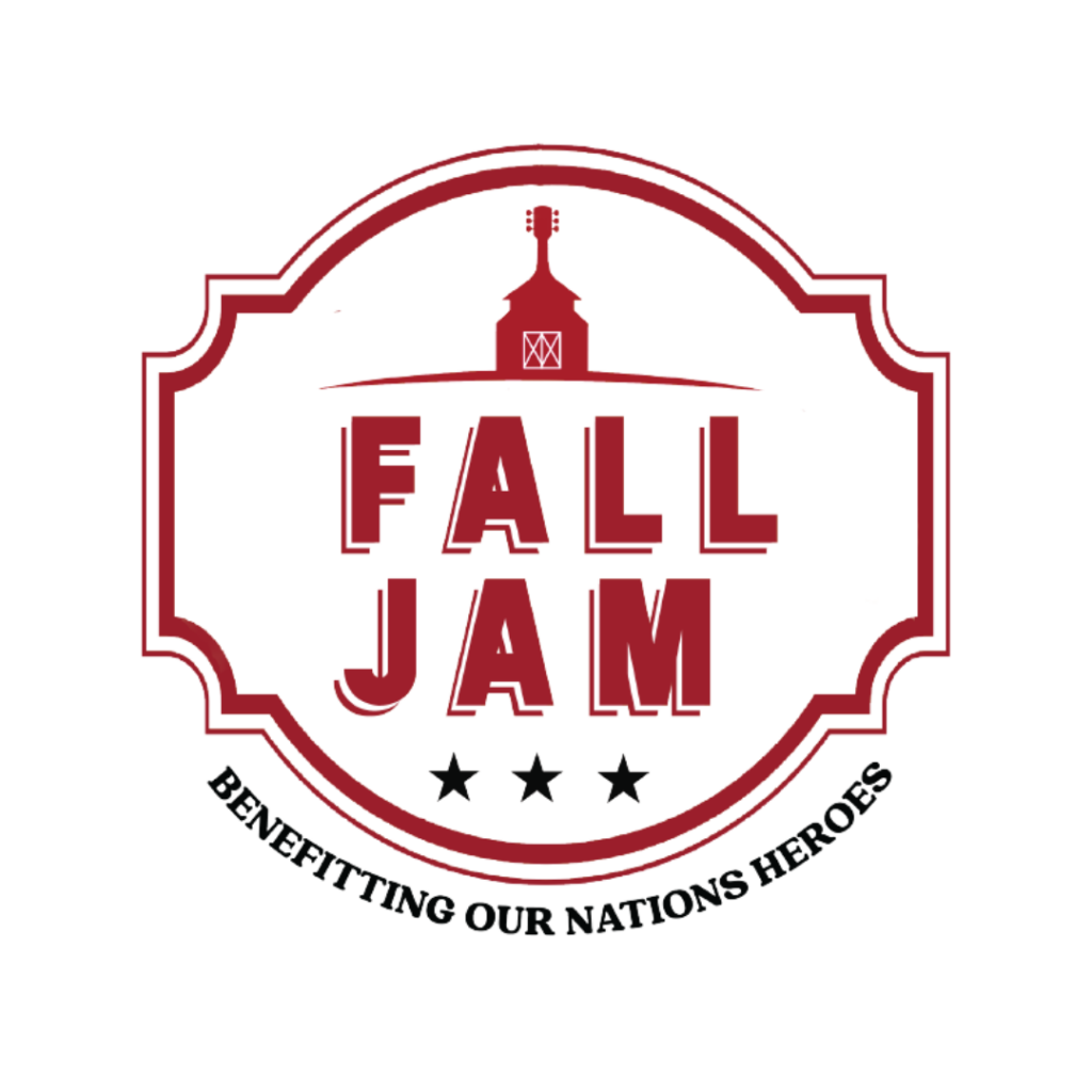 Fall Jam logo with a barn and guitar, three stars, and text: Benefitting Our Nations Heroes.