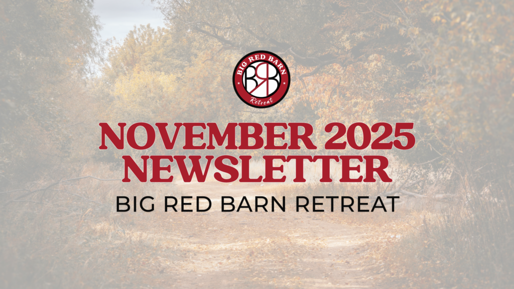 A dirt path through autumn trees with November 2025 Newsletter: Big Red Barn Retreat text and logo.