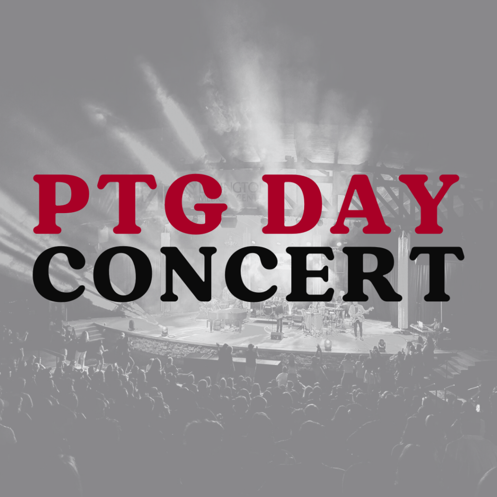 A concert stage with lights and crowd, overlaid with bold text: PTG DAY CONCERT.