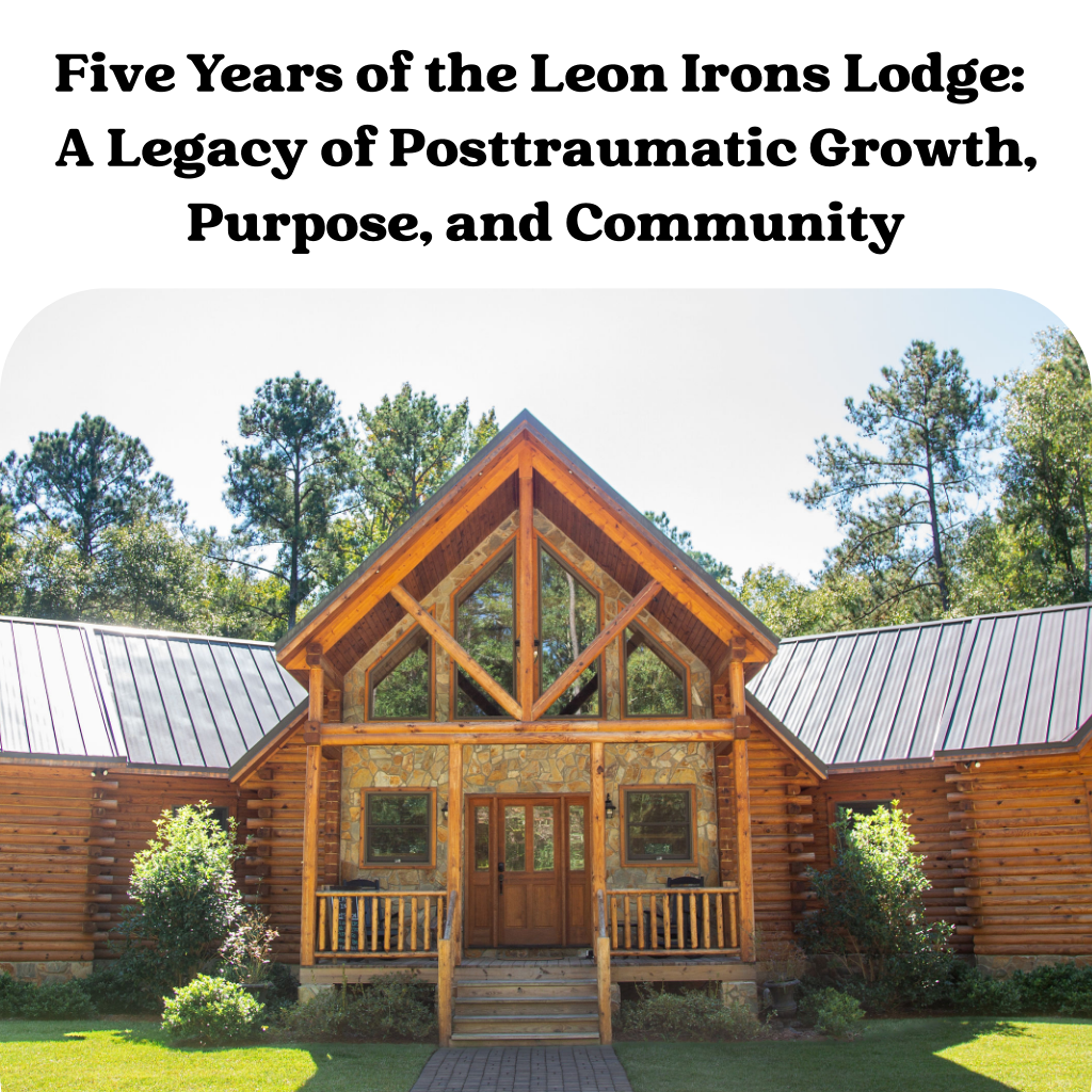 A wooden lodge surrounded by trees, with text above about the Leon Irons Lodge anniversary.
