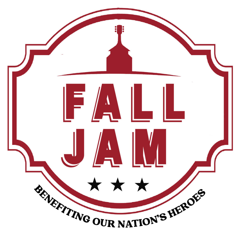 Red and white Fall Jam logo with a guitar silhouette and text: Benefiting Our Nation’s Heroes.