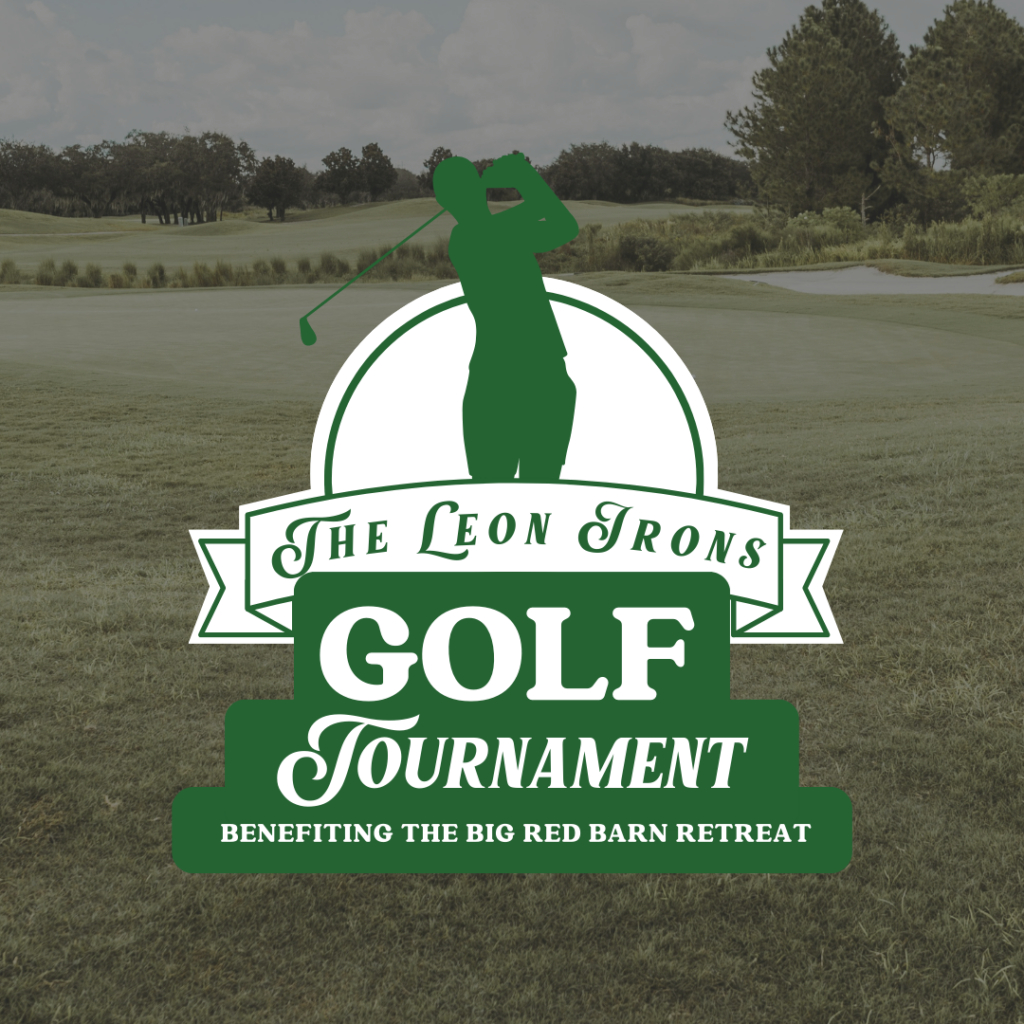 Green golf tournament logo with golfer silhouette and event name, on a golf course background.