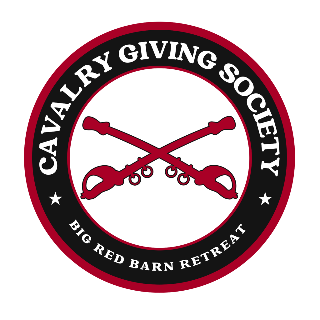 Circular logo with crossed sabers, text: Cavalry Giving Society, Big Red Barn Retreat.