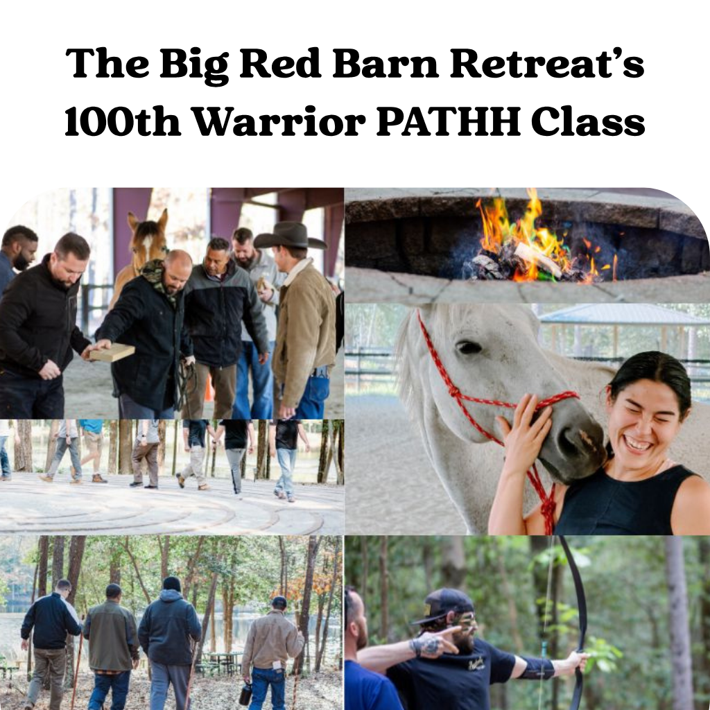 Collage of retreat activities: group walk, horse, woman smiling, people outdoors, archery, and a campfire.