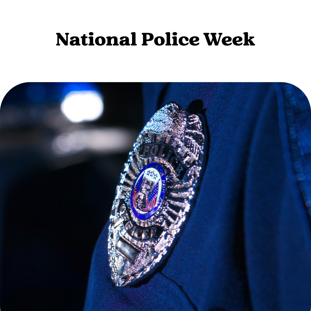A police badge on a uniform with the text National Police Week above it.