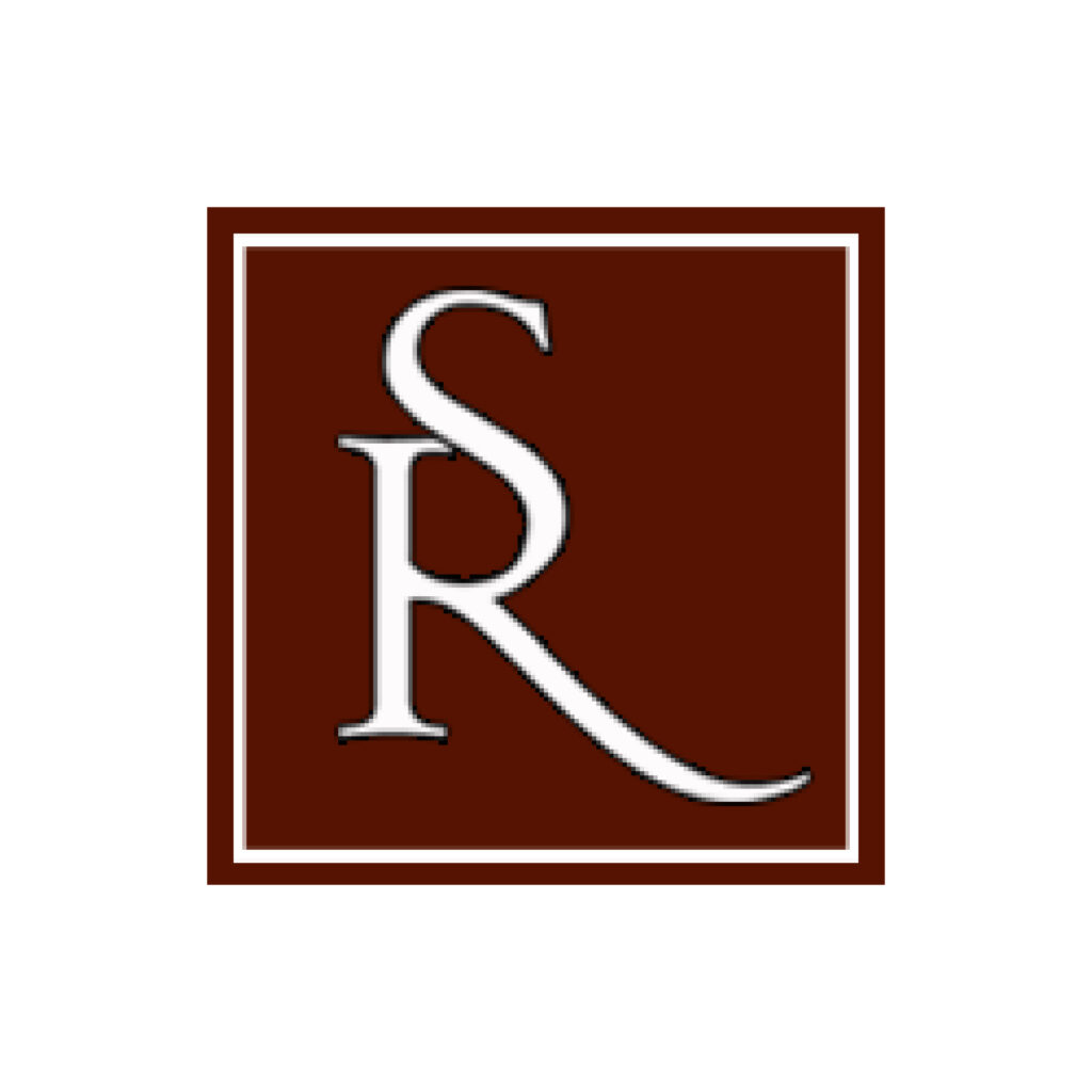 White letters “S” and “R” overlapped inside a maroon square with a white and maroon border on a white background.