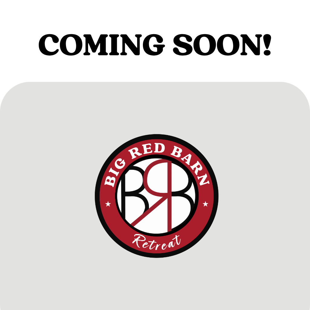 “COMING SOON!” text above a circular Big Red Barn Retreat logo on a light gray background.