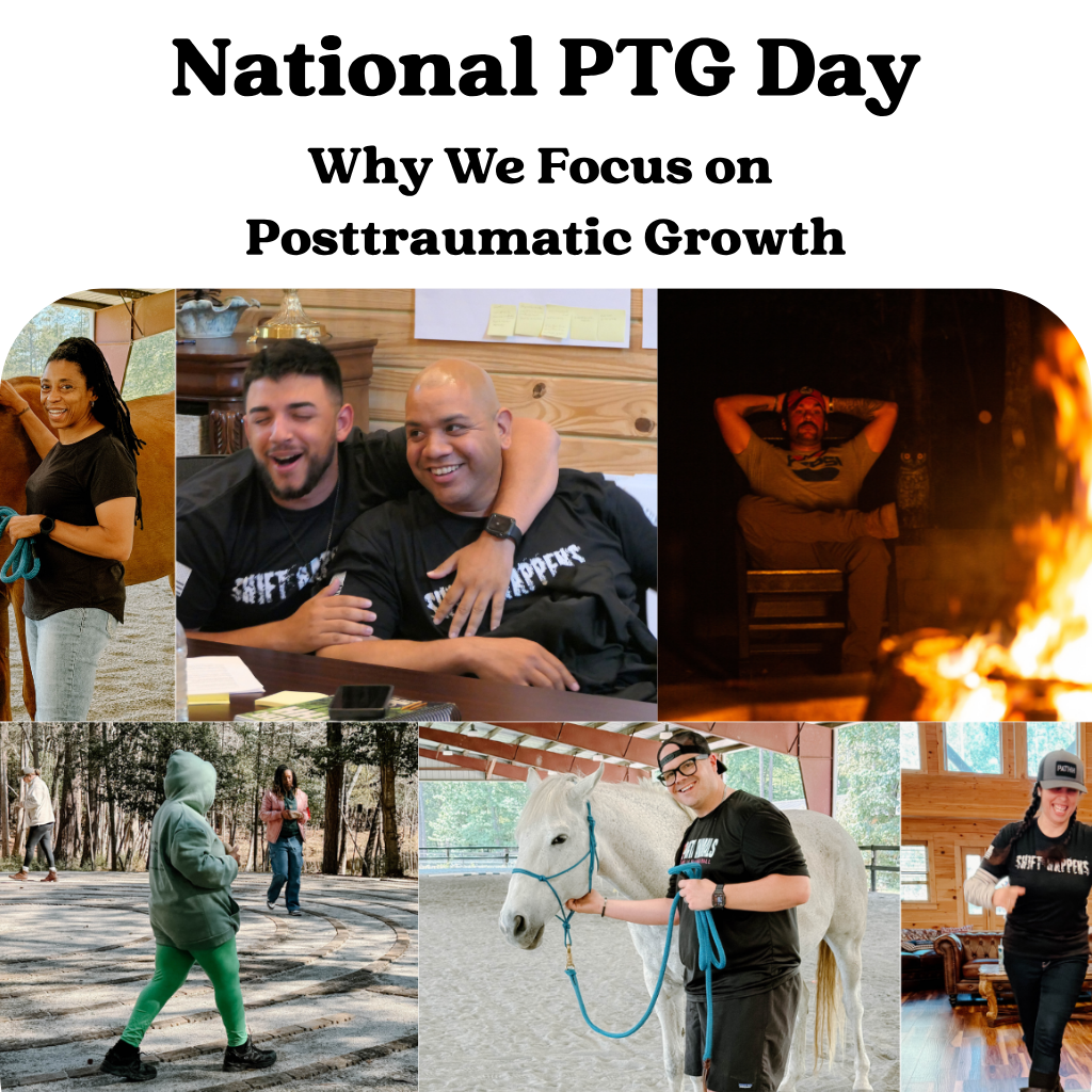Collage of people smiling, bonding, walking outdoors, and interacting with a white horse; text celebrates PTG Day.