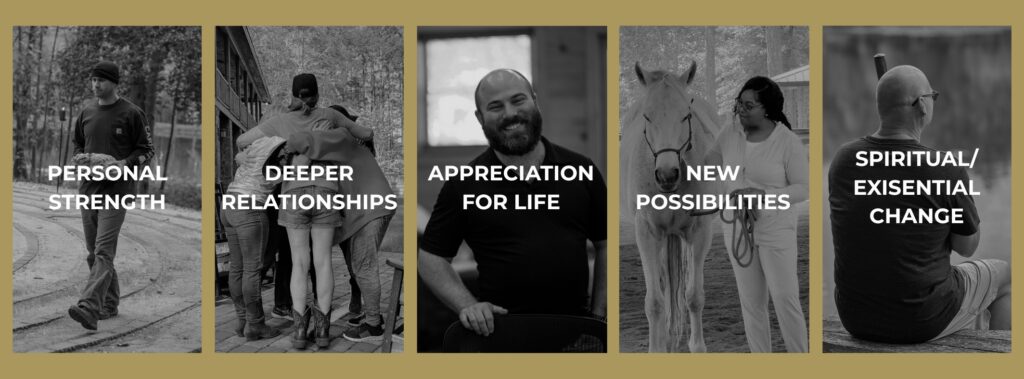 Five black-and-white photos depict personal growth themes: strength, relationships, appreciation, possibilities, and change.