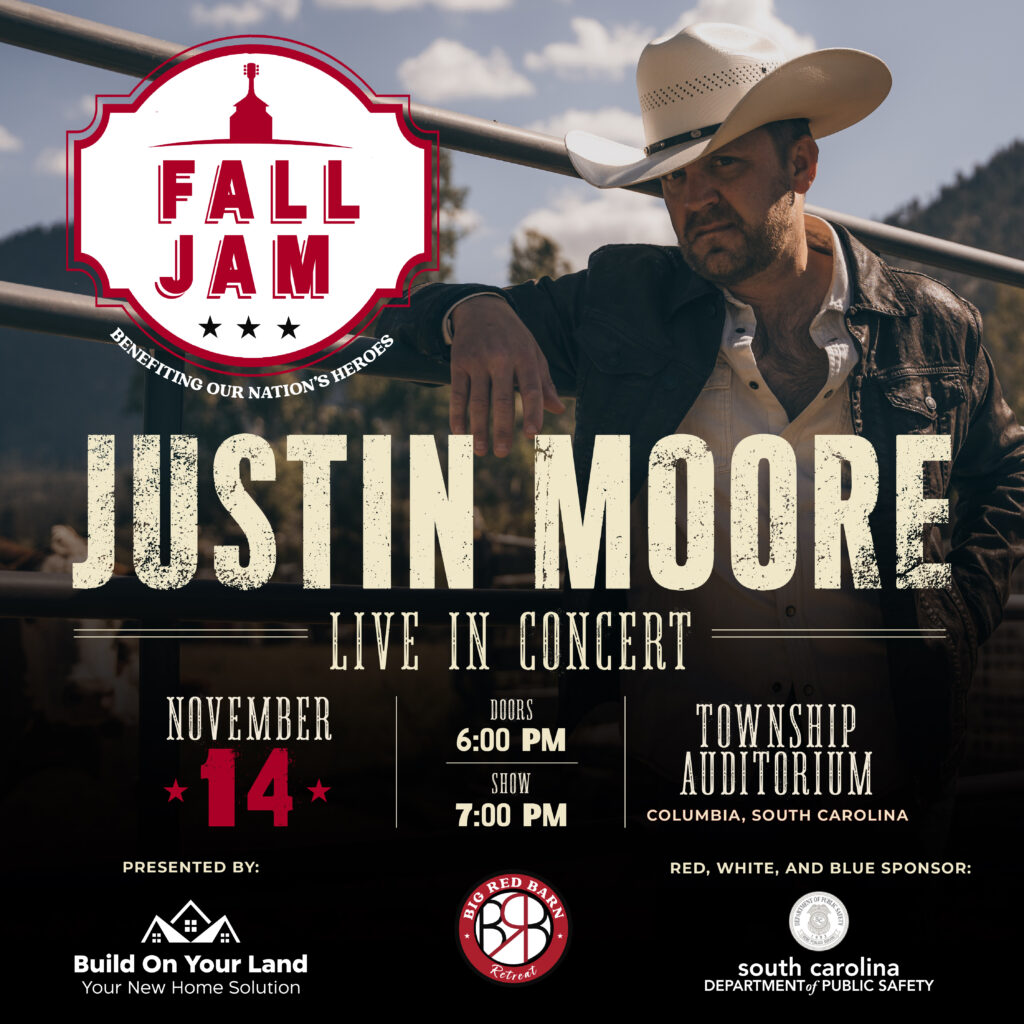 Cowboy Justin Moore leans on a fence promoting his November 14 Fall Jam concert in South Carolina.