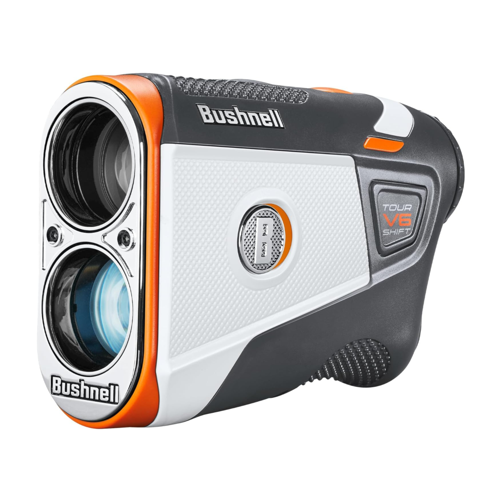 A Bushnell golf laser rangefinder with a black, white, and orange design, featuring two lenses.