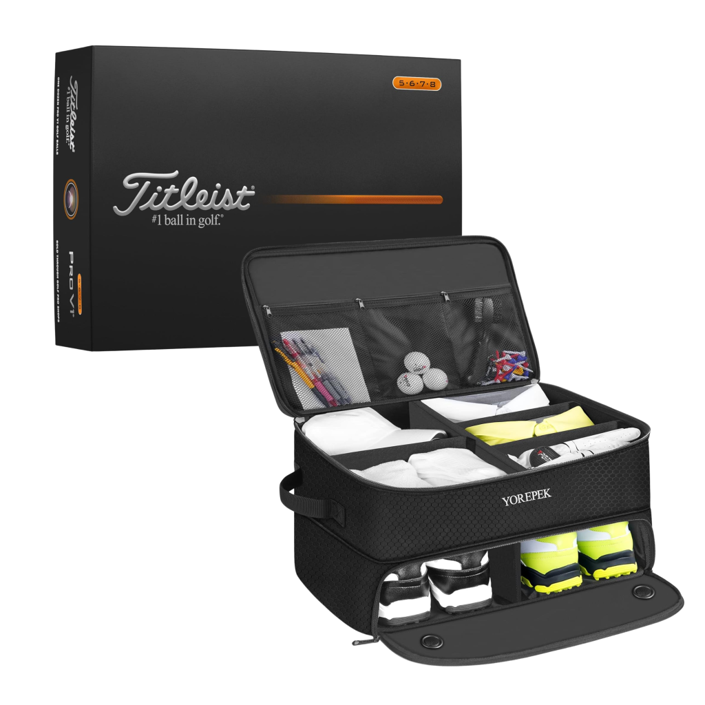 Golf organizer bag with compartments open, next to a black Titleist golf balls box.
