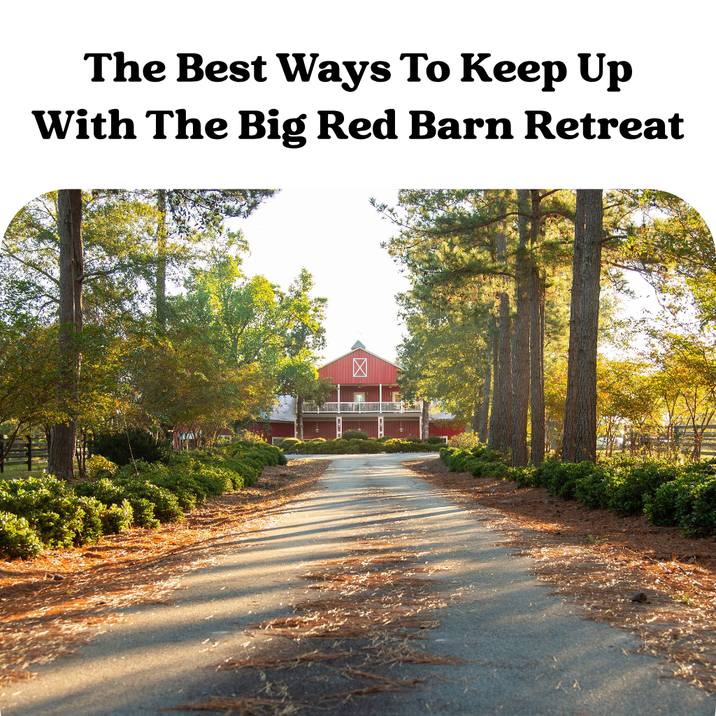 A tree-lined driveway leads to a large red barn under a bright sky, with text above about the retreat.